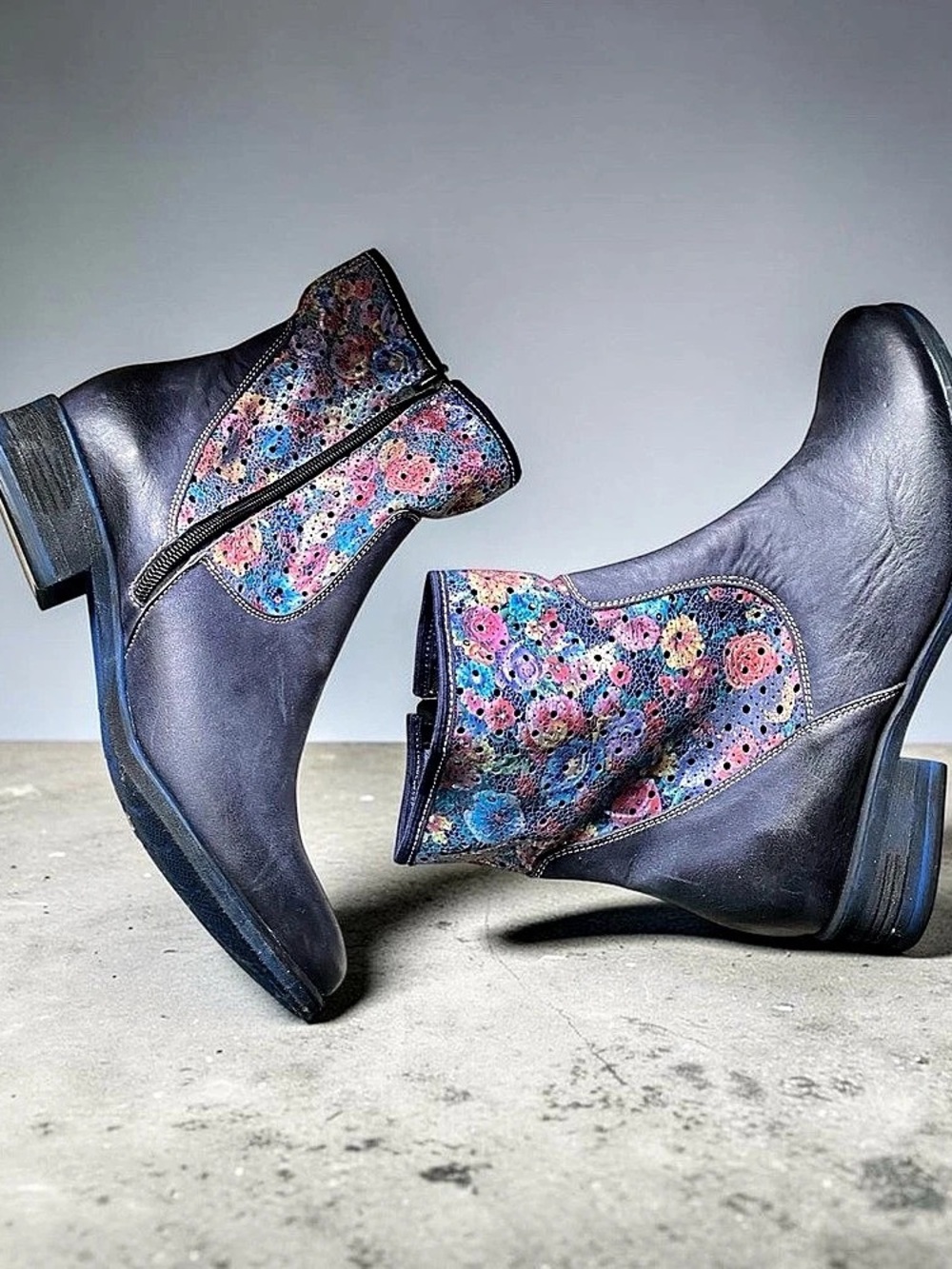 Darbut Women Leather Floral Ankle Boots Blue & Pink Art to Wear EU 38